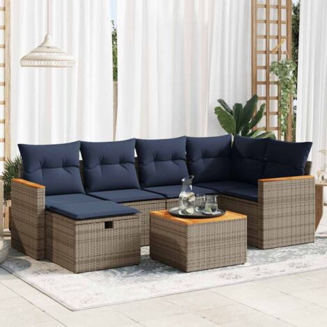 Set de sofás de jardín 7 pzas con cojines ratán sintético gris