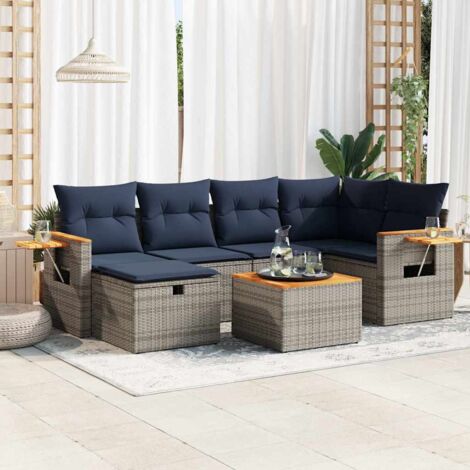 Set de sofás de jardín 7 pzas con cojines ratán sintético gris
