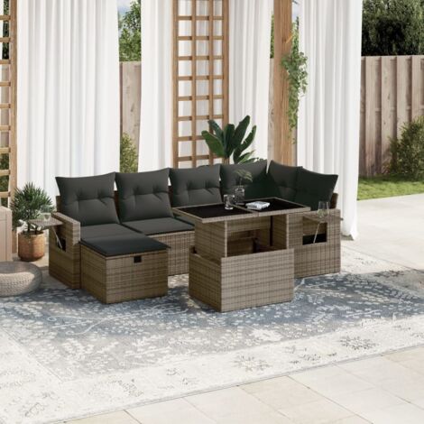 Set de sofás de jardín 7 pzas con cojines ratán sintético gris