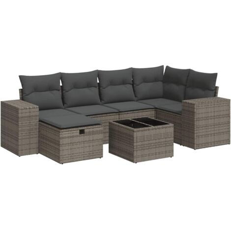 Set de sofás de jardín 7 pzas con cojines ratán sintético gris