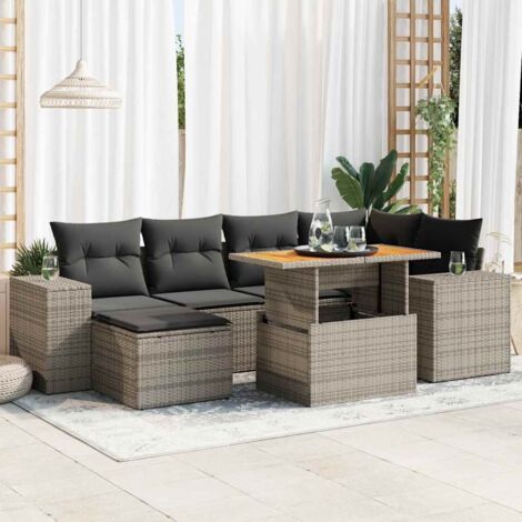 Set de sofás de jardín 7 pzas con cojines ratán sintético gris