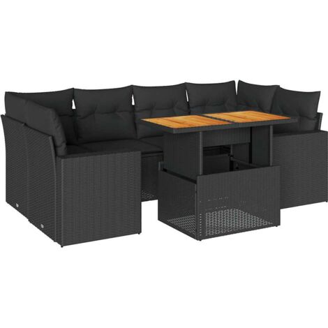 Set de sofás de jardín 7 pzas con cojines ratán sintético negro