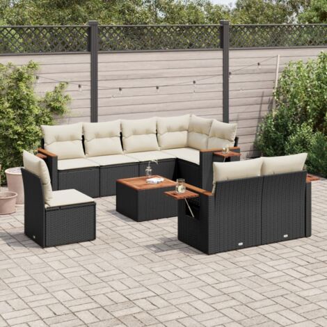 Set de sofás de jardín 8 piezas y cojines ratán sintético negro