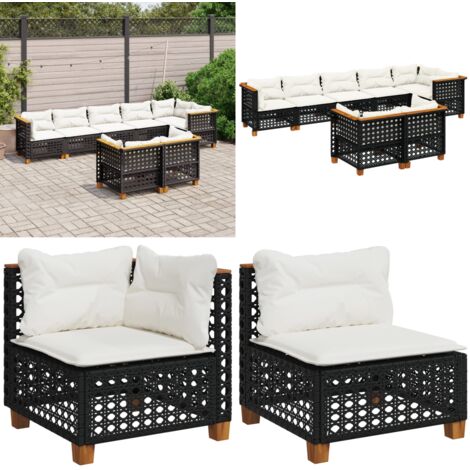Set de sofás de jardín 8 piezas y cojines ratán sintético negro - Cojines de asiento - Ratán sintético