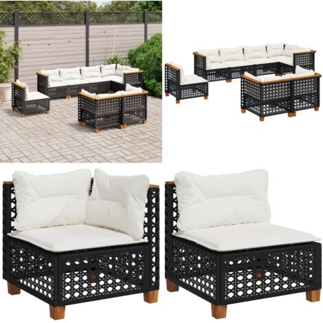 Set de sofás de jardín 8 piezas y cojines ratán sintético negro - Cojines de asiento - Ratán sintético