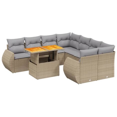 Set de sofás de jardín 9 pzas con cojines ratán sintético beige