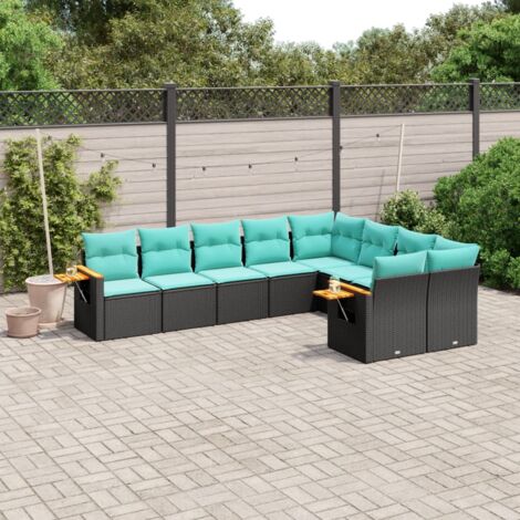 Set de sofás de jardín 9 pzas con cojines ratán sintético negro