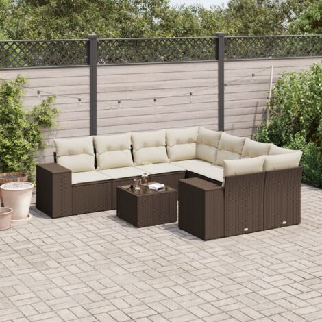 Set de sofás de jardín 9 pzas y cojines ratán sintético marrón