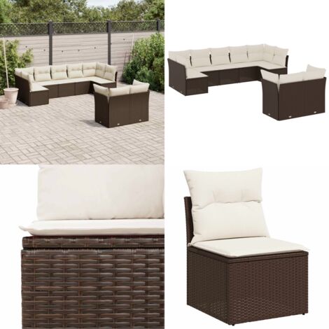 Set de sofás de jardín 9 pzas y cojines ratán sintético marrón - Cojines de asiento - Ratán sintético