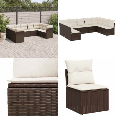 Set de sofás de jardín 9 pzas y cojines ratán sintético marrón - Cojines de asiento - Ratán sintético