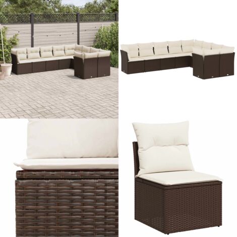 Set de sofás de jardín 9 pzas y cojines ratán sintético marrón - Cojines de asiento - Ratán sintético