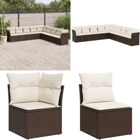 Set de sofás de jardín 9 pzas y cojines ratán sintético marrón - Cojines de asiento - Ratán sintético