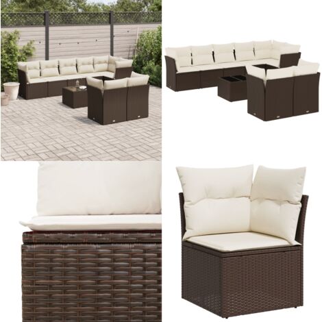 Set de sofás de jardín 9 pzas y cojines ratán sintético marrón - Cojines de asiento - Ratán sintético