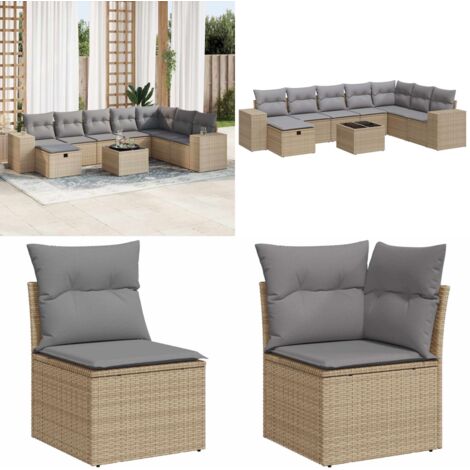 Set de sofás de jardín con cojines 9 pzas ratán sintético beige - Cojines para sofás - Muebles de jardín