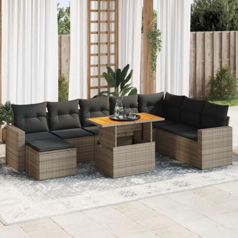 Set de sofás de jardín con cojines 9 pzas ratán sintético gris