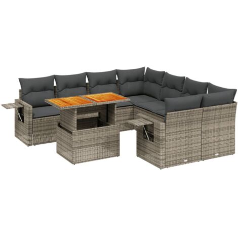 Set de sofás de jardín con cojines 9 pzas ratán sintético gris vidaXL