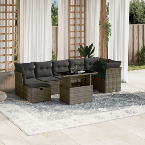 Set de sofás de jardín y cojines 8 piezas ratán sintético gris