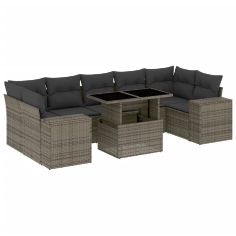 Set de sofás de jardín y cojines 8 piezas ratán sintético gris