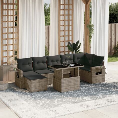 Set de sofás de jardín y cojines 8 piezas ratán sintético gris