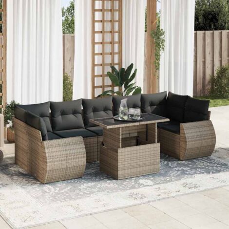 Set de sofás de jardín y cojines 8 piezas ratán sintético gris