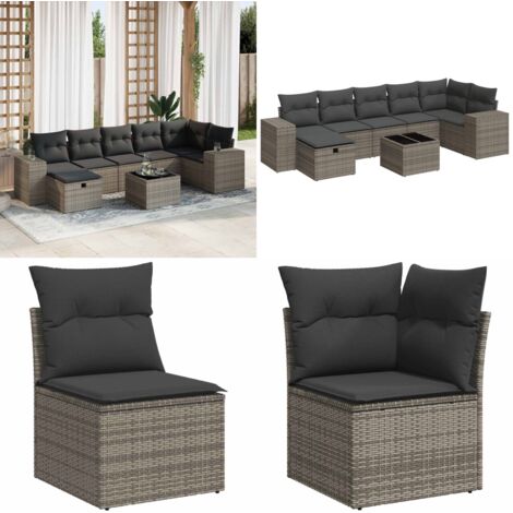 Set de sofás de jardín y cojines 8 piezas ratán sintético gris - Cojines de jardín - Muebles de exterior