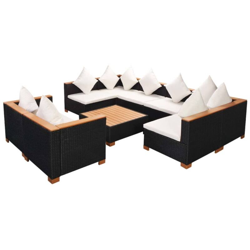 

Set de muebles de jardín 9 pzas y cojines ratán sintético negro - Negro - Vidaxl