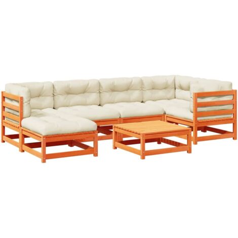 Set de sofás jardín 7 pzas con cojines madera pino marrón cera vidaXL