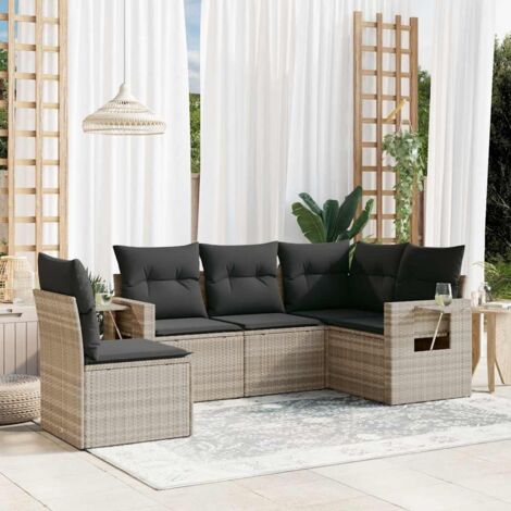 Set de sofás jardín y cojines 5 pzas ratán sintético gris claro