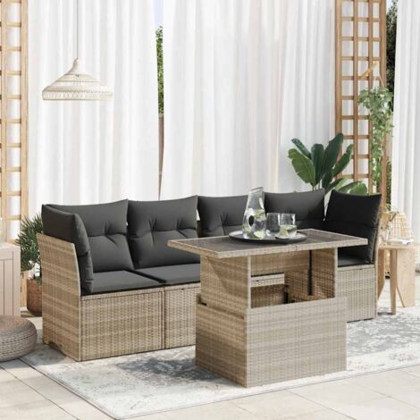 Set de sofás jardín y cojines 5 pzas ratán sintético gris claro