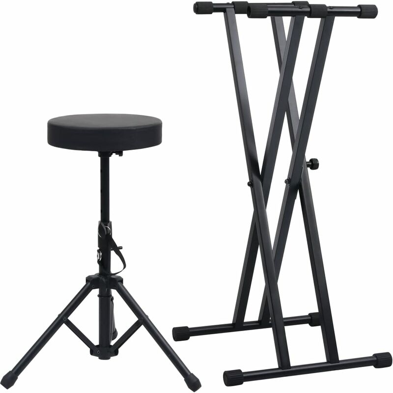 

vidaXL Set de soporte para teclado con doble refuerzo y taburete negro - Negro
