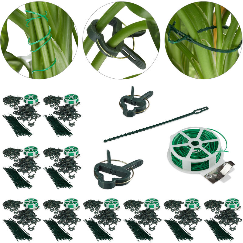 

Relaxdays - Set de soportes para plantas, 1100 piezas, Clips, Alambre con cúter, Tutor para rosas, Verde