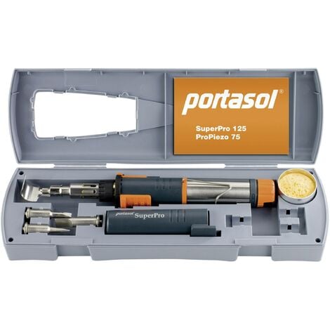 TOOLLAND Portasol Coffret complet fer à souder au gaz butane avec allumage piézo, puissance réglable 25-125 W, température jusqu’à 580 °C, flamme ajustable, autonomie 120 min, avec pannes et mallette pour