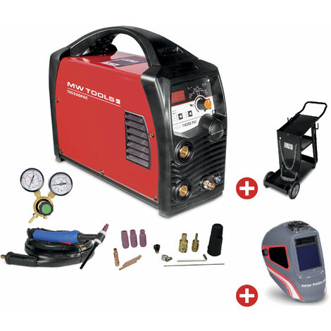 Set de soudage Poste à souder TIG 200A AC/DC HF inverter avec manomètre + casque de soudage + chariot de soudage MW-Tools PACKTIG200PAC