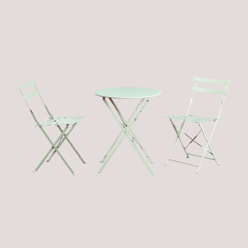 Ensemble de table de jardin ronde Ø60 cm en acier et 2 chaises de jardin pliantes Sergey Sklum Mousse de céladon