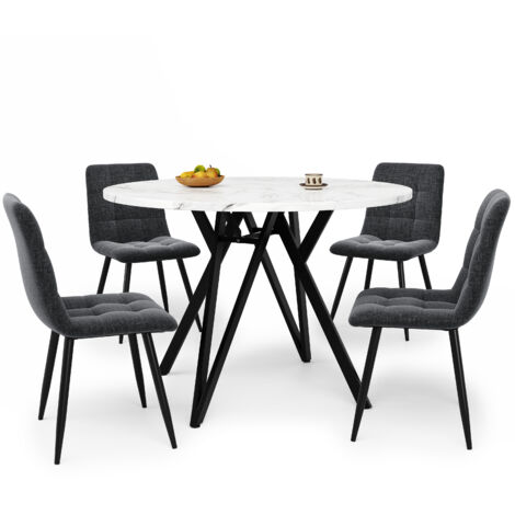 Set de table à manger (5 pièces), set de table à manger avec 4 chaises. Set moderne pour la cuisine et le salon. Table de cuisine ronde, diamètre : 100 cm. Pieds métalliques noirs. Plateau en marbre M
