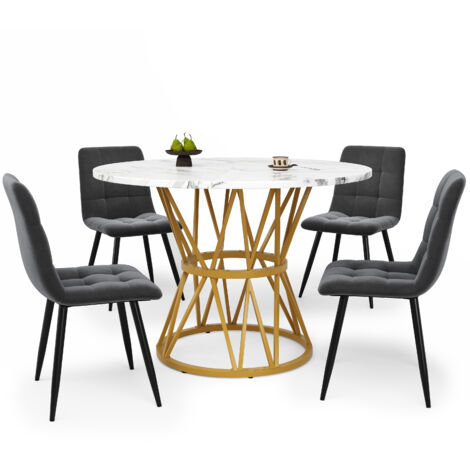 Set de table à manger (5 pièces). Set de table à manger comprenant 4 chaises. Set moderne pour la cuisine. Table de cuisine ronde, d’un diamètre de 100 cm, avec des pieds en métal. Plateau de table en
