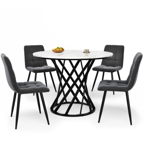 Set de table à manger (5 pièces). Set moderne de tables à manger, avec 4 chaises. Set de table à manger pour la cuisine. Table ronde de 80 cm de diamètre, avec des pieds en métal noir. Plateau de tabl
