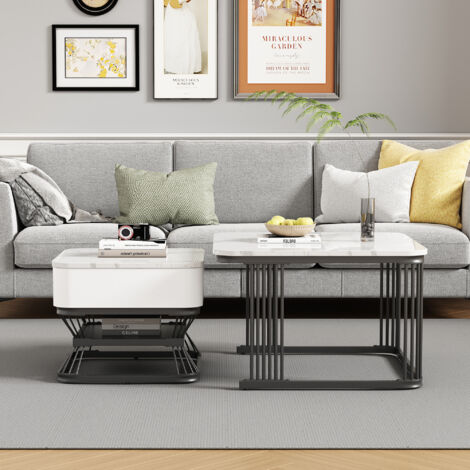 Set de table à manger en deux parties. Il s’agit d’un ensemble de tables à café de forme géométrique.Il convient pour des espaces restreints. Couleur : blanc + noir. Dimensions : 70×70×45 cm 50×50×40