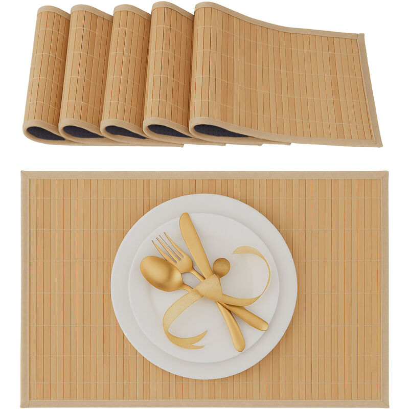 Set de table, bambou, lot de 6, tables manger, 30 x 45 cm, rectangle, tapis antidérapant lavable, nature - Relaxdays