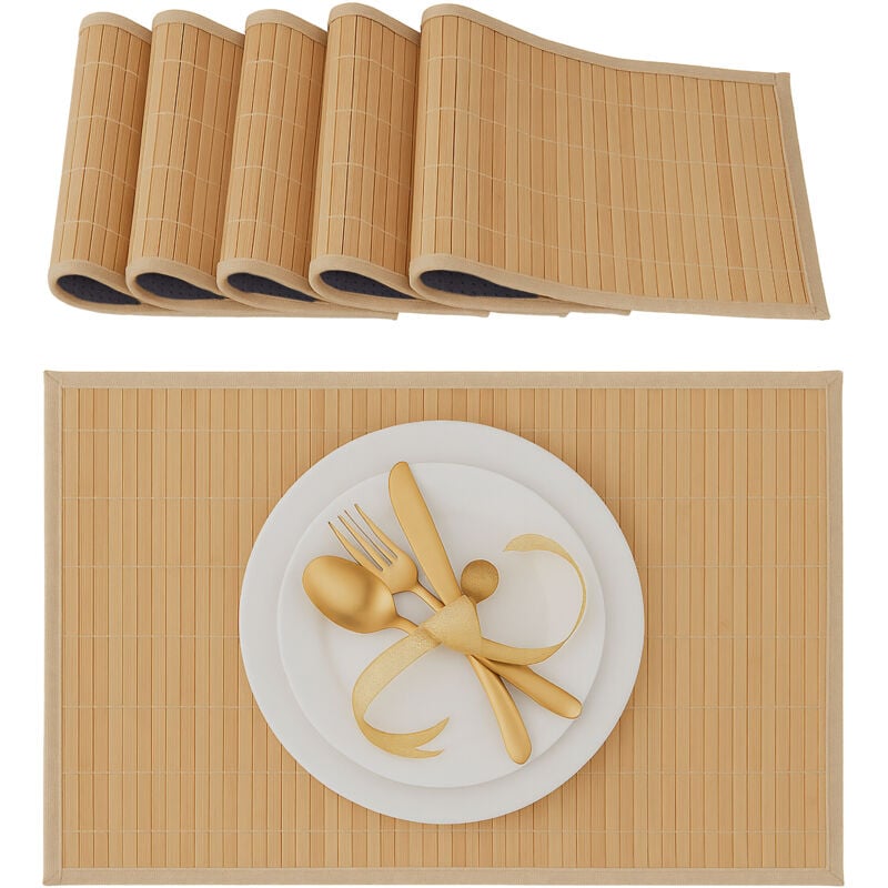 Set de table, bambou, lot de 12, tables manger, 30 x 45 cm, rectangle, tapis de table antidérapant lavable, nature