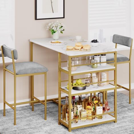 Set de table de bar et tabourets 3 pièces, Table haute rectangulaire gain de place, cadre métal robuste, Table : 91,5 cm, Doré