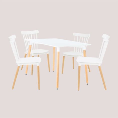 Set de Table de Salle à Manger Rectangulaire en Bois de Hêtre et MDF (120X80 cm) et 4 Chaises Royal SKLUM Blanc