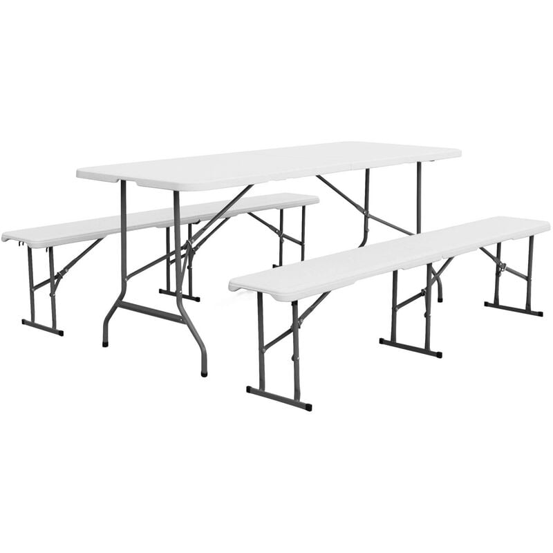 Set de table et bancs de réception. 180cm. pliables. avec poignée de transport. plastique blanc. table de camping