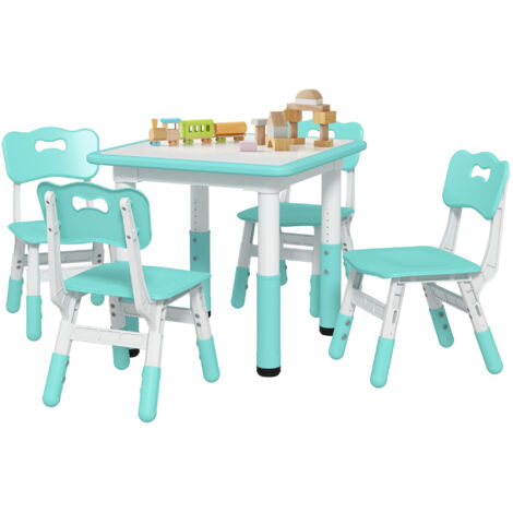 Set de Table et Chaises Enfants 18-60 Mois, Design Compact, Hauteur Réglable, Table d'Activités avec Surface Ardoise, Bois et PP, pour 4 Enfants, Vert