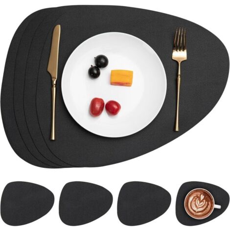Set de Table et Dessous de Verre, Set de Table Antidérapant Double Face Sets de Table Lavable Imperméables Set Table et Dessous de Verre Set Table Plastique (Noir, Lot de 4)