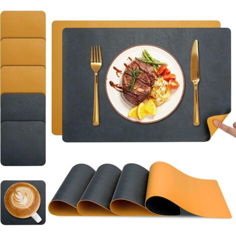 Set de Table et Dessous de Verre, Sets de Table Lot de 6 Lavable Double Face Bicolore en Cuir, Set Table Antidérapants Faciles à Nettoyer (Bleu/Jaune, Lot de 6)