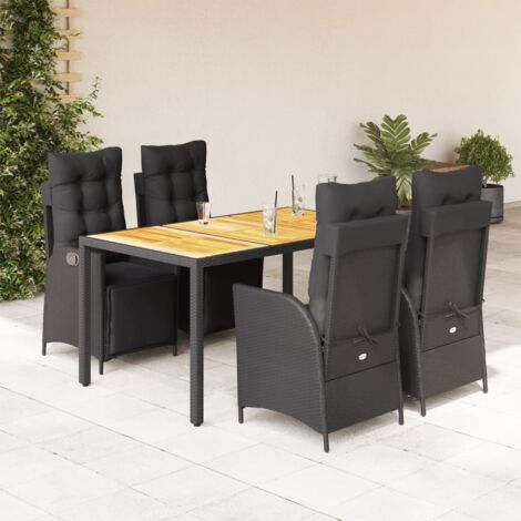 Set de Table Jardin 5 Pièces avec 4 Fauteuils Reclinables en Résine Tressée Noir et Table en Acacia 150x90 cm