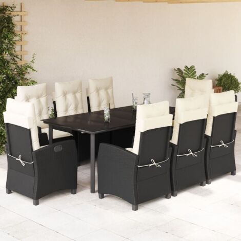 Set de Table Jardin 9 Pièces Noir Résine Tressée avec Coussins, 1 Table 200x100cm et 8 Chaises inclinables, Verre Trempé, Capacité 110kg, Parfait pour Terrasse