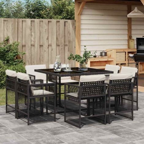 Set de Table Jardin 9 Pièces Noir Résine Tressée avec Coussins Crème - Table 110x106 cm avec Verre Trempé et 8 Chaises Pliantes