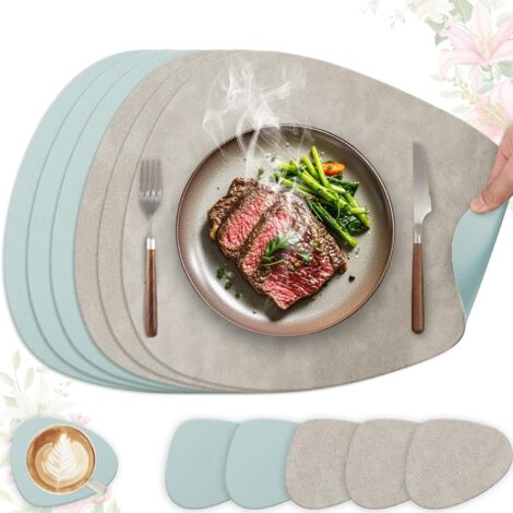 Set de Table Lavable et Antidérapant en Cuir PU Double Face Lot de 6 Oval 41 x 33 cm Gris Clair et Bleu Clair pour Cuisine et Cadeau